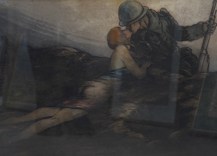 Louis Icart (French, 1888-1950), colour etching, French soldier kissing a semi nude woman, signed in pencil, details verso, 28 x 38cm. Condition - poor, discolouration throughout